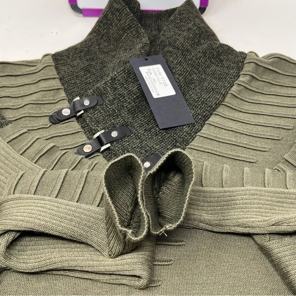LCR Black Edition Olive Green Shawl Collar Hardware Detail Sweater Size XL NWT